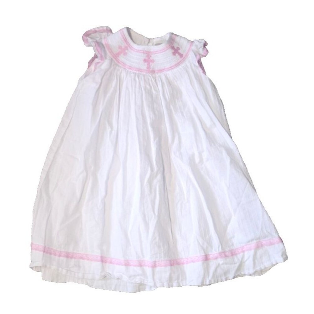 Lil Cactus Bishop Smocked White with Pink Cross Dress Girls Size 4T Excellent